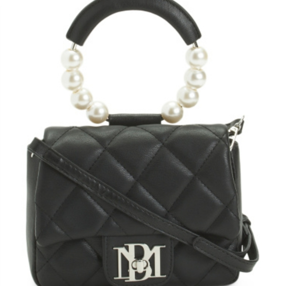 Badgley Mischka Vegan Leather Clutch Bag Pearl Handle Purse Crossbody NWT Black